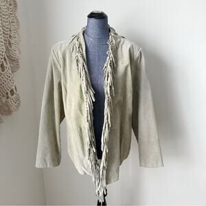 Vintage Pistachio Green Tan Dialogue Suede Leather Jacket with Fringe Size 1X